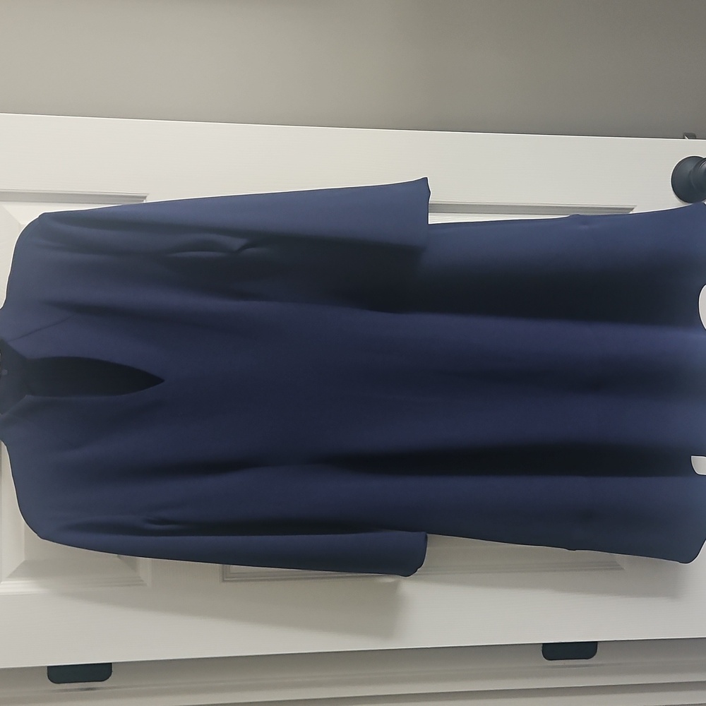 Ming Wang‎ Stretch Deco Crepe Funnel Neck Midi Dress: Color-Navy